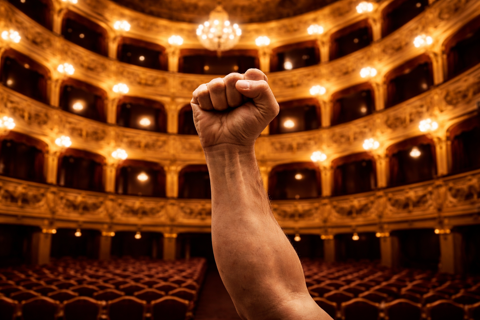 Raised fist in defiance at the Manoel Theatre